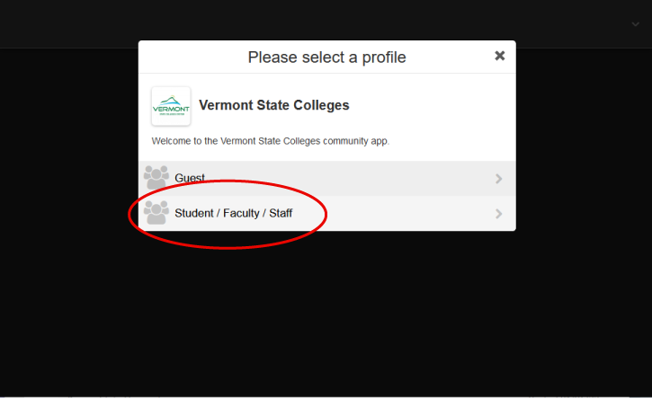 Screenshot of the first screen of logging in to the new portal. Current students, faculty, and staff select Student/Faculty/Staff.
